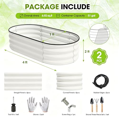 OBENSKY Galvanized Raised Garden Bed Outdoor 4x2x1ft(2 Pack), Oval Large Metal Planter Garden Boxes for Gardening, Planting Deep Root Vegetables, Herbs, Fruits, Flower, Rustproof, Rubber Strip, White — view 2