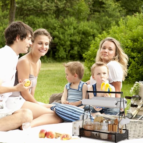 Grill Caddy, Grill Utensilienbehälter mit Papierhandtuchhalter und 4 Haken, Metall BBQ Caddy Campingzubehör Organizer für Küche Outdoor Grillzubehör
