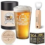 Amosking 30th Birthday Gifts for Men, Vintage 1996 Beer Glass, Wooden Bottle Opener, Vintage Beer Box, Wooden Coaster, 1996 Greeting Card and Poster Anniversary Card 30th Birthday Gift Ideas for Him