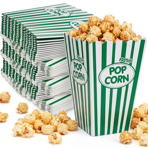Image of Xinnun 100 Pcs Popcorn Boxes 32 oz Classic Stripe Paper Popcorn Buckets Bulk Disposable Oil Proof Container Vintage Retro Open Top Holders for Movie Night Supply Theater Carnival Party(Green)