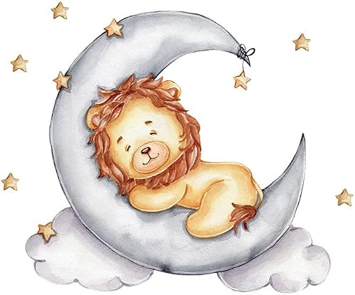 Sleeping Lion On The Moom Cartoon Nursery Wall Decor For Baby Girl Or Boy, Wall Sticker For Baby Room - Sleeping Lion On The Moom BR64147