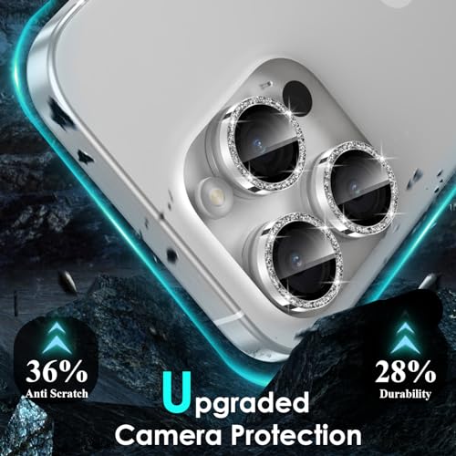 Image of YWXTW Designed for iPhone 15 Pro /iPhone 15 Pro Max Camera Lens Protector Bling, [New Glitter Design] Individual Metal Tempered Glass Camera Cover Accessories Case Friendly (Silver Titanium Glitter)