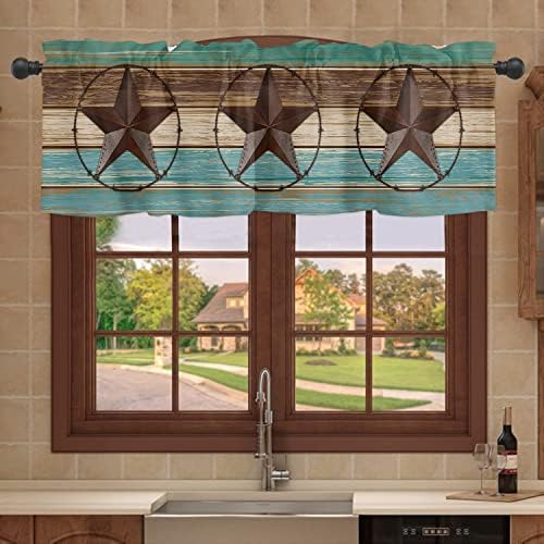 Chucoco Rod Pocket Window Valances Iron Western Stars Short Curtain Valance Kitchen Printed Drapes for Windows Panel Bedroom Bathroom Living Room Decor Vintage Wood Plank Brown and Blue 54x18In