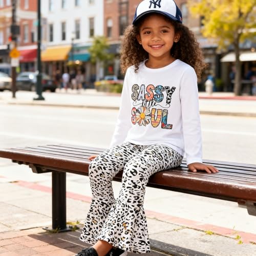 Image of Toddler Girl Clothes Long Sleeve Cartoon & Letter Graphic Top + Fruit Stationery Print Flared Leg Pants
