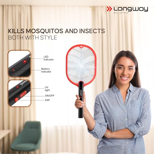 Image of Longway Swatt 2 in 1 UV Light Rechargeable Mosquito Killer Racket with Base Stand | 3500V DC Voltage on The Net Mesh | USB Type-C Charging | 1 Month Stand by 1200mah Long Lasting Battery (Black)