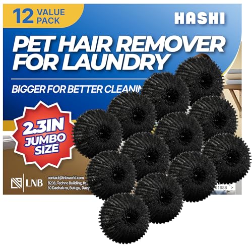 HASHI 12 Pack 2.3 Inch Pet Hair Remover for Laundry, Reusable Washing Machine and Dryer Balls, Dog and Cat Fur Lint Catcher for Clothes and Bedding, Gentle on Fabrics, Prevents Tangling, Black