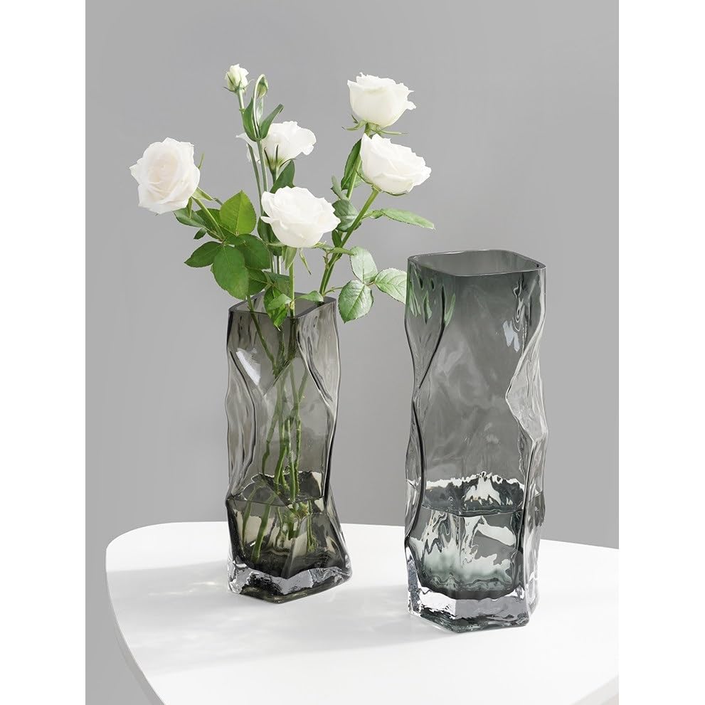 Decoración Jarrón de Cristal Gris con Efecto Ondulado soplado a Mano, Recipiente Decorativo Textura Alta for decoración del hogar Flores