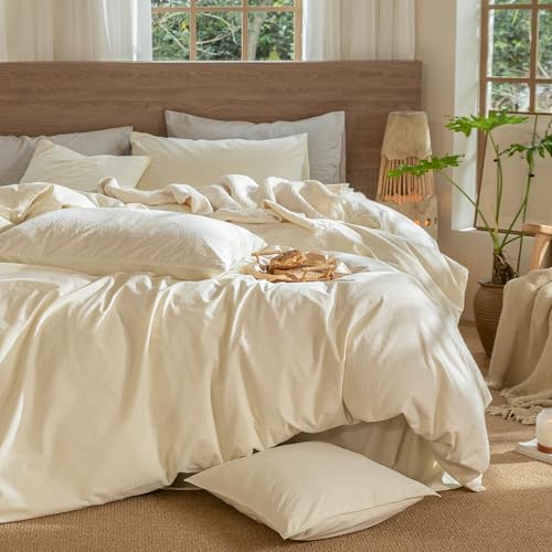 Image of MooMee Wavy Striped Duvet Cover Set 100% Washed Cotton Linen Like Textured Breathable Durable Soft Comfy (Cream White, Full 80 inchx90 inch)