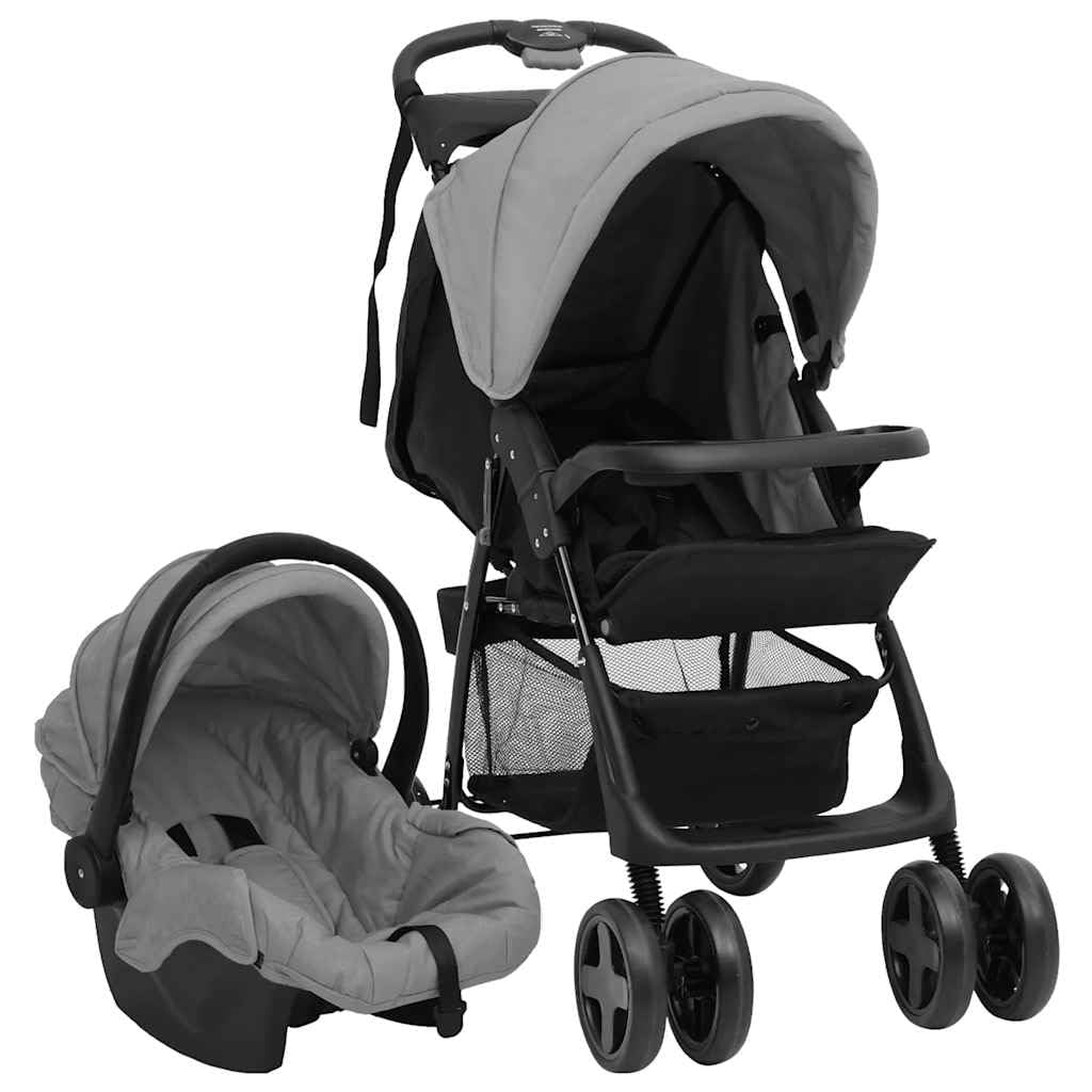 Cochecito 3 en 1 con diseño plegable en color gris claro y negro, acero ligero, plegable, para ciudad y viaje, incluye capazo, toldo, función reclinable y protector de lluvia