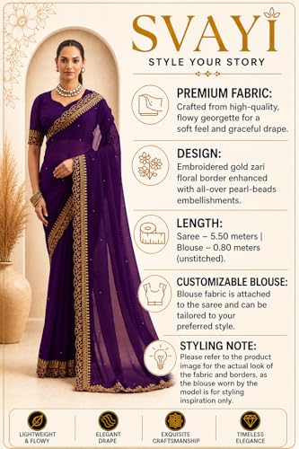 Image of Women's Georgette Embroidery Border Beads work Saree with Blouse Piece