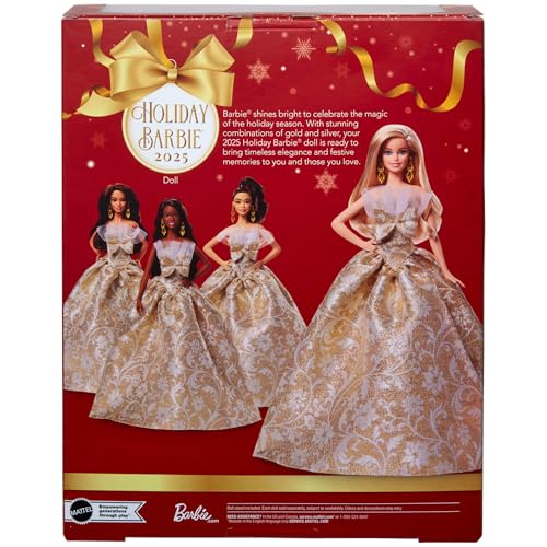 Muñeca Barbie Holiday 2025 con vestido plateado y dorado miniatura 6