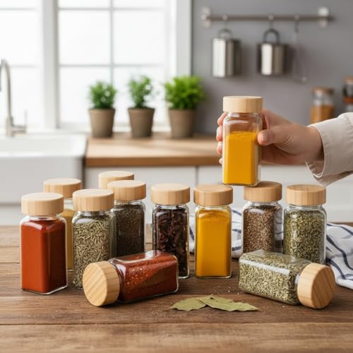 Image of ginoya brothers 120ml Premium Square Glass Spice Jar with Natural Wooden Lid Airtight Dual-Function Sift & Pour Lid For Masala, Herb & Seasoning Storage Container (16)