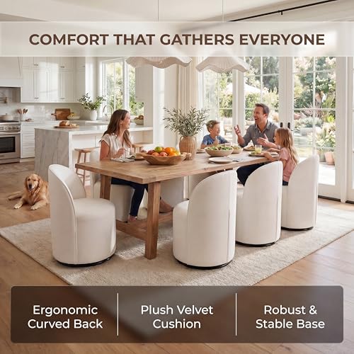 Image of HNY Upholstered Swivel Dining Chairs Set of 2, Mid Century Modern Kitchen Round Velvet Dining Room Chairs, Barrel Comfy Armless Accent Makeup Vanity Side Chairs for Living Room, White