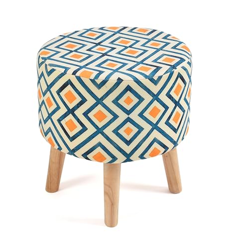 Image of NACIA Printed Ottoman Stool Set of 2 | Soft Cushioned Velvet Pouf Footrest with Wooden Legs | Decorative Seating Stool for Bedroom Living Room Home & Office (16x16x17 Inch, Yellow Box)