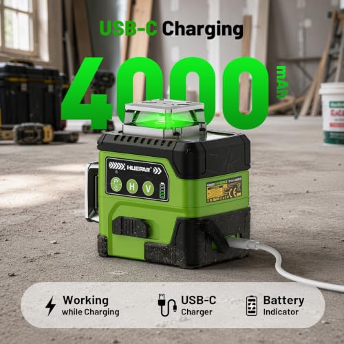 Image of HUEPAR Laser Level 360 Self Leveling with LCD Screen, 3 x 360 High Brightness Rechargeable 3D Lazer Leveler Tool for Construction and Picture Hanging, Strong Magnetic Bracket&Hard Carry Case -Y03CG