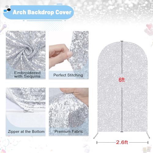 Image of Silver Glitter Balloon Arch Cover 6FT Spring Spandex Fitted Arch Backdrop Cover for Wedding Birthday Party Baby Shower Banquet Photography Background Decoration