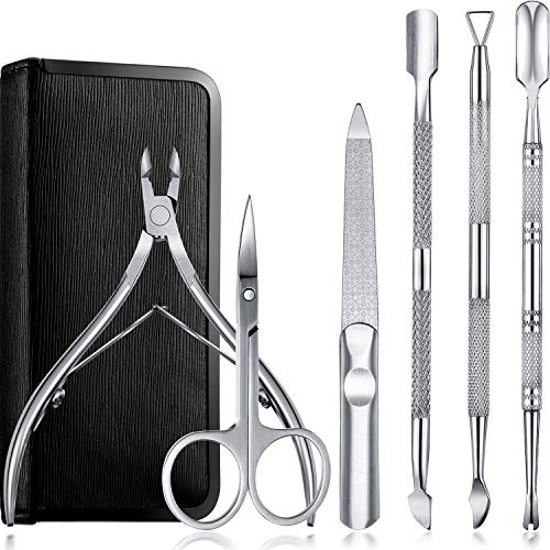 Zhehao 6 Pieces Manicure Tool Kit, Cuticle Trimmer Nippers, Cuticle Pusher and Cutter, Nail File and Curved Scissor Stainless Steel Nail Polish Remover with Leather Case for Home and Salon Use