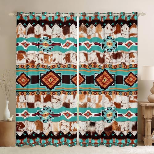 Southwestern Boho Window Curtains for Bedroom Living Room,Rustic Western Curtains for Boys Kids ,Vintage Brown Teal Window Drapes,Native American Pattern Tribal Window Treatments 52W X 84L,2 Panels