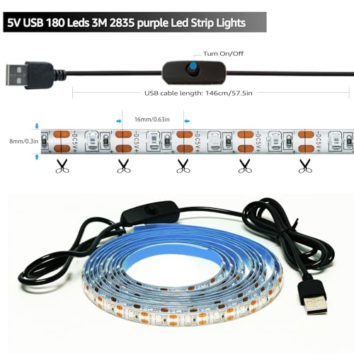 Tira LED UV 5V USB 3m Luz Negra IP65 180 LEDs miniatura 5