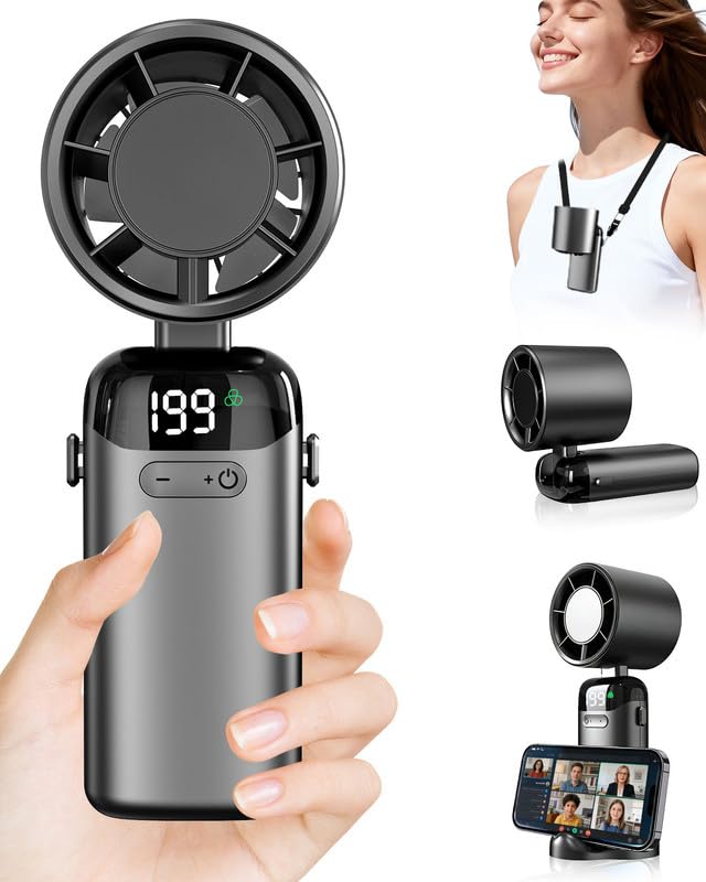Handventilator mit Turbo Mini Ventilator Hand - 199 Stufenlos 3500mAh (10 Std.) USB-C Power-LED USB ventilator klein mit Umhängeband & als Handyhalter für Frauen Männer Kinder Reisen Büro