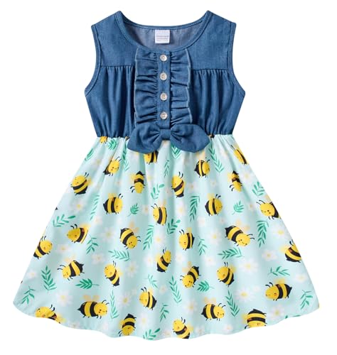 Enlifety Denim Dress for Girls 3T 4T Sleeveless Bee Floral Dresses Cowgirl Summer Sundress for School Casual Party