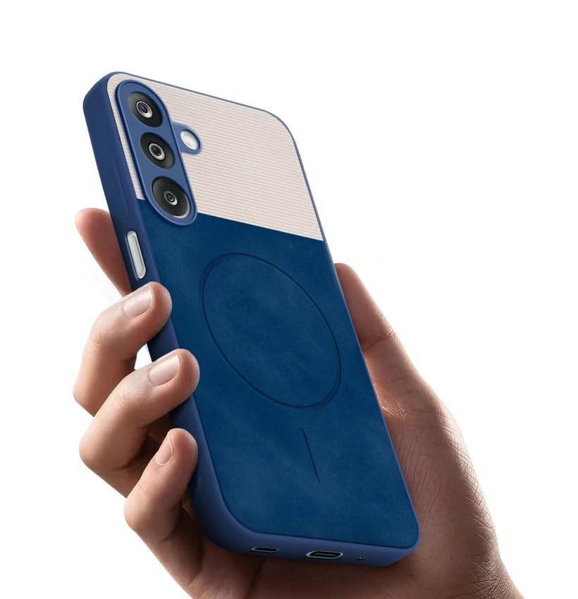 Image of Bintage CASE Dual-Leather Mac Safe Design Phone Case| Soft Touch Finish | Full Camera Protectection Back Cover Compatible for Samsung A15 5G / A15 4G - White & Royal Blue