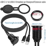 QIANRENON USB C & USB3.0 Wbudowany wodoodporny kabel samochodowy 10 Gb/s USB C 3.1 i USB3.0 kabel montażowy gwintowany, PD 65 W, 4K przy 60 Hz wideo, światło LED, Al House, do samochodu łodzi Moto, 2