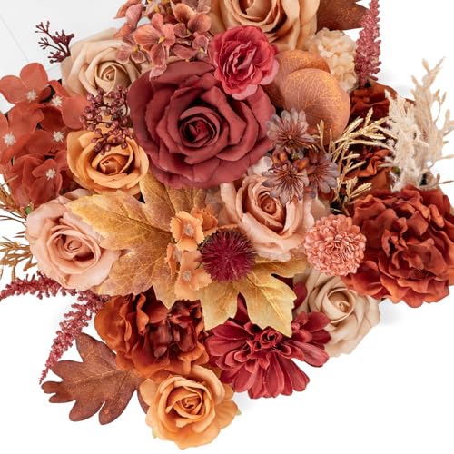 TINGE TIME Silk Fake Flowers Combo Fake Foam Roses with Stems for DIY Wedding Bouquets Centerpieces Baby Shower Party Home Decorations(Terracotta)