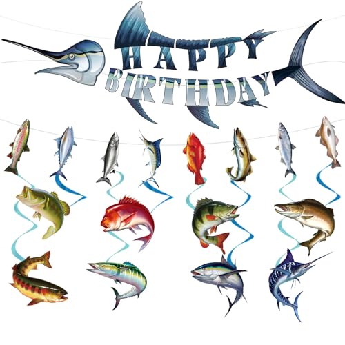 Image of Fishing Birthday Party Decorations - 10PCS Fishing Themed Banners with Hanging Swirls Happy Bday Decoration for Fish Lovers Fisherman