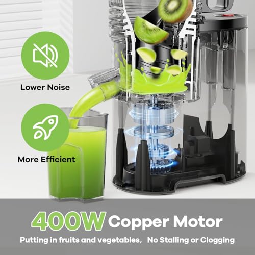Image of EanOruus Cold Press Juicer, 5.8 inch Wide Feed Chute Juice Extractor Machine with 400W, High Juice Yield, Slow Masticating Juicer for Whole Vegetables & Fruits, Silver