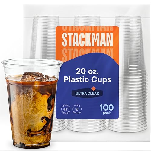 Stack Man [100 Pack - 20 oz.] Clear Disposable Plastic Cups PET Crystal Clear Disposable 20oz Plastic Cups