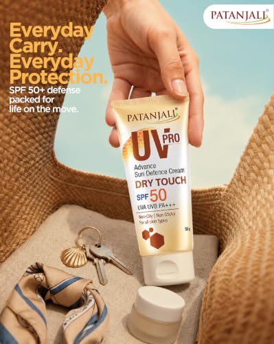 Image of Patanjali UV Pro Advance Sun Defence Cream SPF 50 PA+++50g, Dry Touch, Non-Oily, Non-Sticky Sunscreen for All Skin Types, Ayurvedic Sunblock, Broad Spectrum UVA /UVB Protection Pack of 1