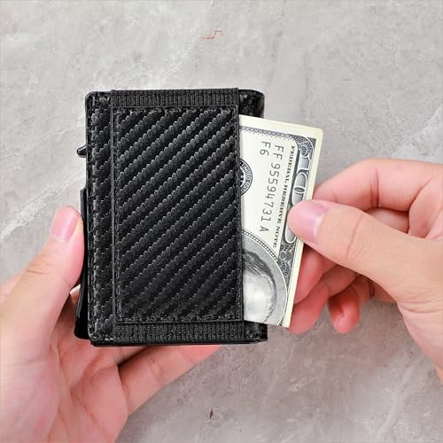 Image of Minimalist Pop Up Wallet for Men | RFID Blocking Credit Card Holder Wallet with Money Clip | Mens Wallet Slim Bifold Front Pocket Metal Case with Gift Box, Carbon Black, 0.9 x 2.8 x 3.8