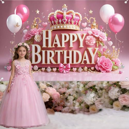 Image of Pink Happy Birthday Banner Backdrop for Wonen Girl | 71x43.3inch Pink Crown Theme Banner; Polyester Fabric; Reusable; Ideal Photo Decor for Girls & Women Birthday Parties