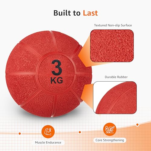 Image of Amazon Basics Rubber Medicine Ball | 3 Kg | for Strength Training, Core Workouts, Endurance Training | Non-Slip Surface | Red