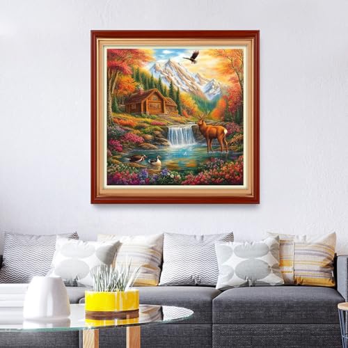 Image of Foxhool Stamped Cross Stitch Kits,11CT Printed Cross Stitch Pattern Full Embroidery Kits for Beginner Needlepoint Kits&Autumn Scenery elk 18x18 inch