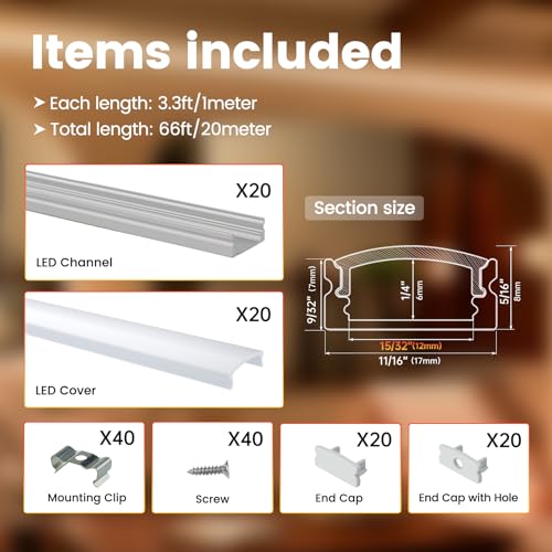 Image of Muzata 20Pack 3.3FT /1M LED Channel Aluminum U Shape Silver LED Strip Diffuser Channel with Milky White Cover Easy Installation U1SW WW 1M