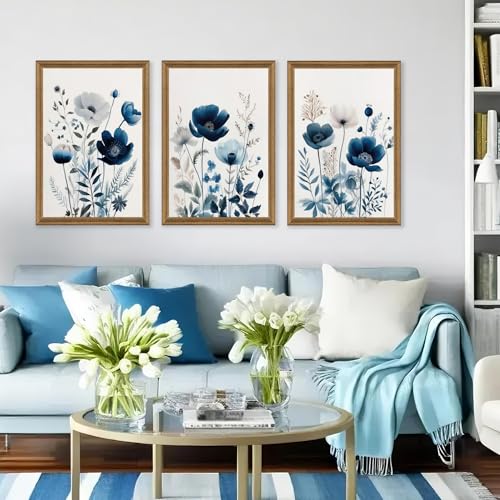 Image of DUWQU Triptych Navy Blue Watercolor Botanical Floral Wall Art 20x30 in x3