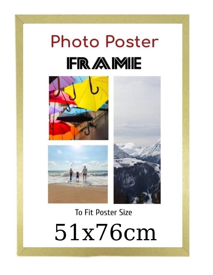 Golden 51x 76 cm Poster Frames - Large MDF Wooden Frames 51x76cm - Both Ways Wall Hanging Wall Gallery Living Room Poster Picture Frame With Styrene Shatterproof Perspex Sheets
