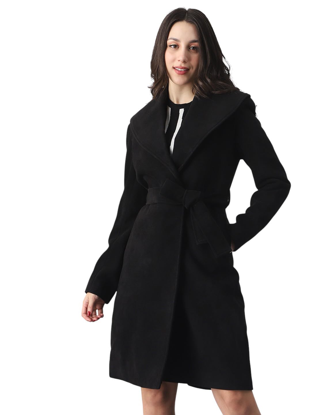 globus Women Shawl Collar Long Sleeves Self Design Winter Wear Overcoat with Belt-picture-18