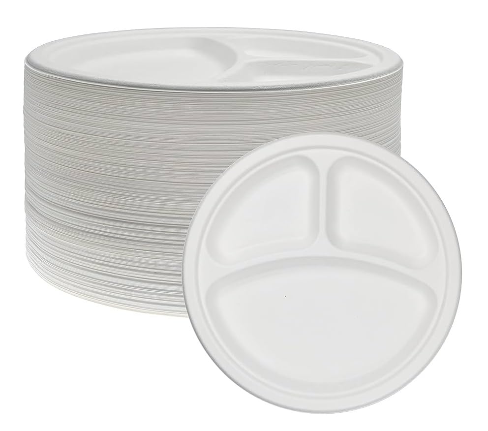 3 Compartment Plastic Plates 100pcs 10 inch White Reusable Breakfast Lunch Dinner Dishes Wedding Christmas Parties Picnic Camping Catering Supply By Tezraftaar®