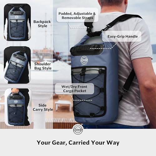 Image of STOVER 5 /10 /25 /30 /40L Waterproof Dry Bag & Phone Case - Large Floating Dry Backpack for Kayaking, Travel, Hiking, Fishing, Camping, Motorcycles & Beach, Heavy-Duty Roll Top Men /Women (Navy Blue)