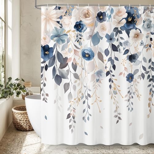 Dazzlewall Duschvorhang Blau Pink Blumen 180 x 180 cm, Bunt Blüten Blätter Pflanzen Duschvorhänge für Badzimmer, Wasserdicht Anti-Schimmel Polyester Stoff Badevorhang mit 12 Haken