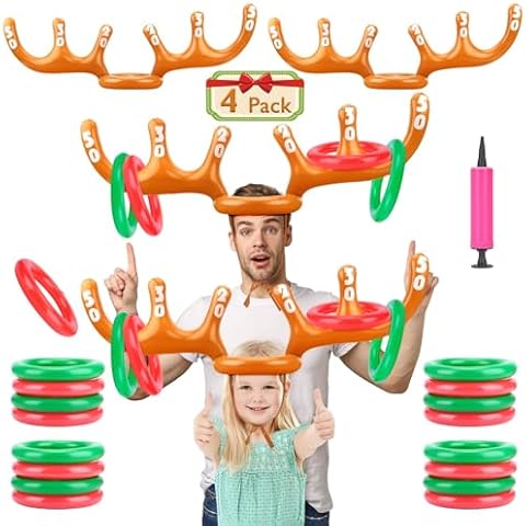 4 Pack Inflatable Reindeer Antler Ring Toss Game - Christmas Ring toss Game - Reindeer Hat Ring Toss Game for Xmas Party - 4 Inflatable Antlers, 24 Rings (Recommended Ages: 4 Years & Up) Cover