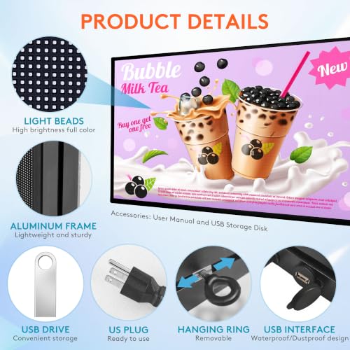 Image of P5 Programmable LED Signs 65 inchx34 inch IP65 Waterproof Outdoor Digital Display with WiFi & USB Control, Full-Color 320x160 SMD Scrolling Text /Image /Video Advertising Board for Business