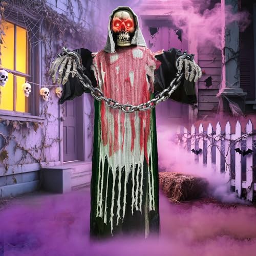 Halloween Decorations Outdoor, 6 Ft Large Animated Grim Reaper with Big Chain,Sound & Touch Activated with Creepy Sound – Scary Props House Decor for Garden Yard Lawn Indoor Decoration Animatronics