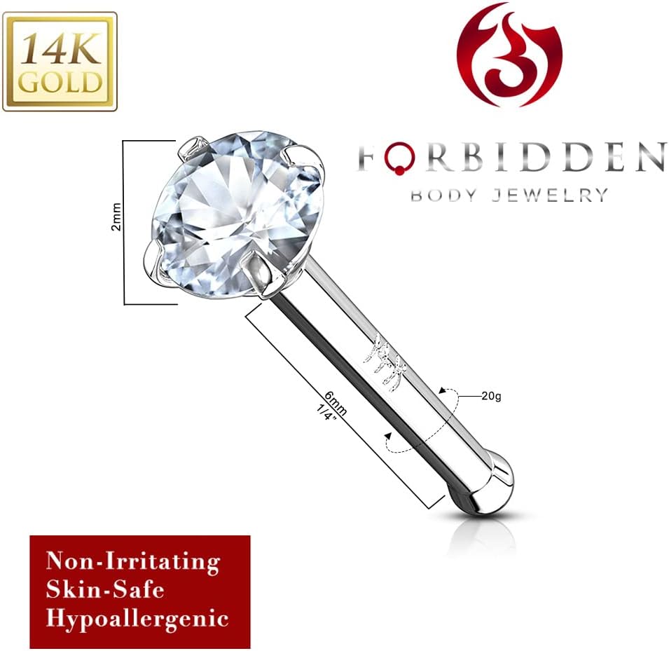 Forbidden Body Jewelry 14k Gold Nose Ring, 20g, Solid 6mm Stud, 2mm CZ Simulated Diamond, Non-Irritating Skin Safe Real Gold, Women and Men