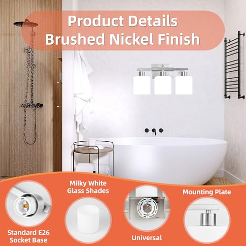 Image of CANMEIJIA 3-Light Bathroom Vanity Light Fixtures, Matte Black Vanity Lights Wall Sconce with Milky White Glass Shades for Mirror Bedroom Living Room, E26 Socket, Bulbs Not Included