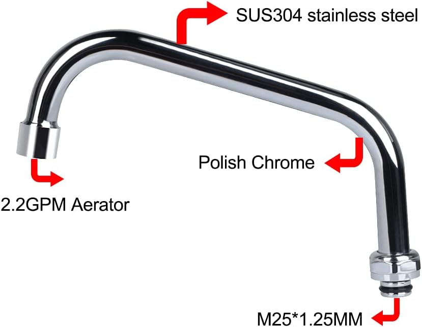 KWODE 14” Swivel Spout Replacement Kit for Commercial Kitchen Sink Faucet with Swing Nozzle Stainless Steel Add-on Spout Chrome Polished Finish(Connector Size is M25*1.25MM) - Image 5