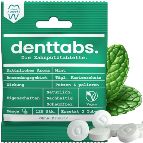 DENTTABS Stevia - Menta Pastiglie per la pulizia del dente fluoro libero, 1er Pacco (1 x 125 Pezzo)